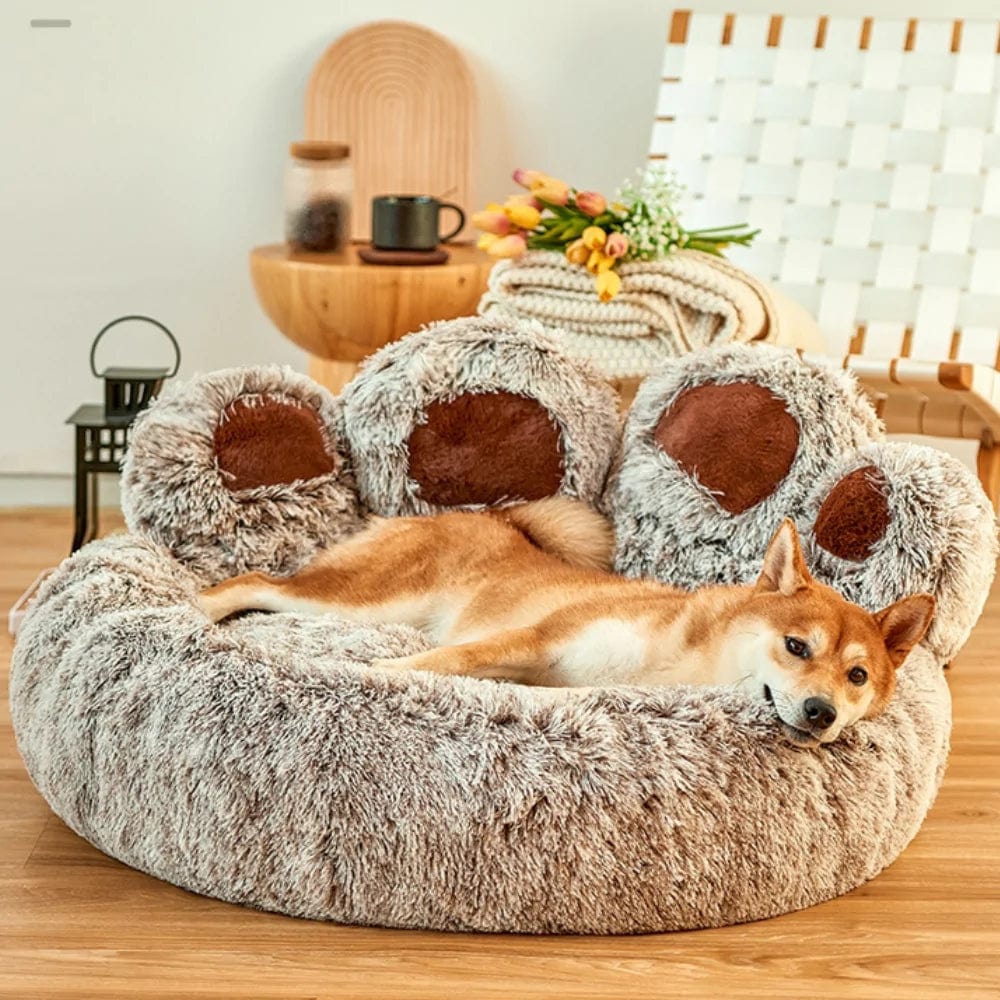 Bear Paw Calming Dog Bed Anti-Anxiety Paw Bed for Dogs Comfy Fur Donut