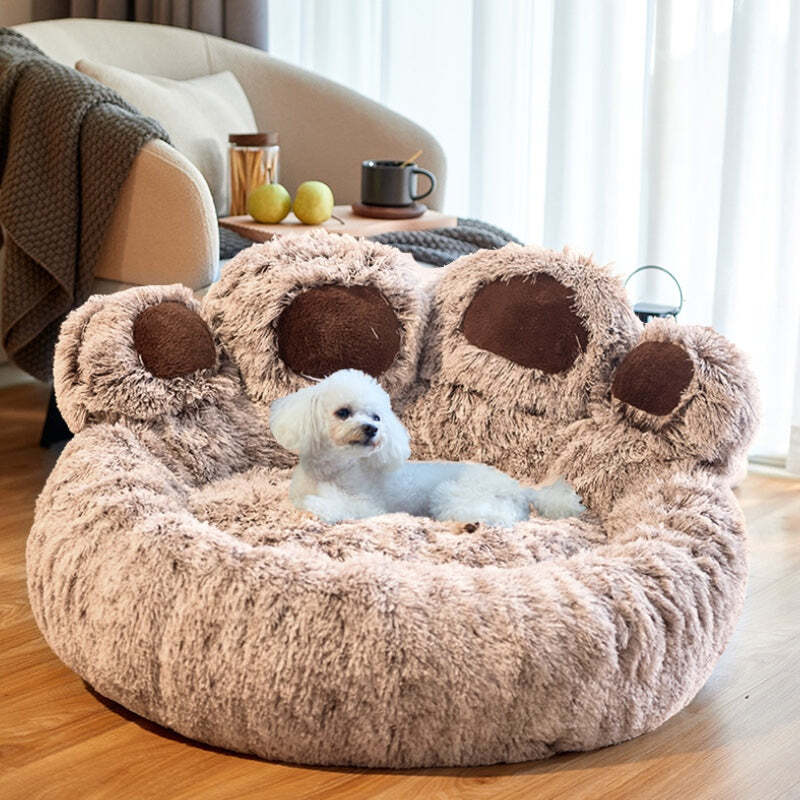 Bear Paw Calming Dog Bed Anti-Anxiety Paw Bed for Dogs Comfy Fur Donut